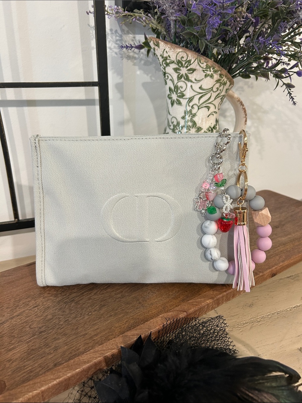 Dior Light Gray Canvas Clutch with Tassel Bead Charm